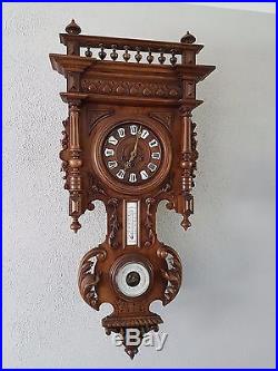 0086-Antique German Junghans Westminster chime wall clock thermometer barometh