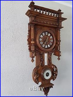 0086-Antique German Junghans Westminster chime wall clock thermometer barometh