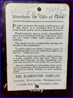 1921 SETH THOMAS Chime Clock No. 59 4 Rods Chime -Clock 11.5 Works