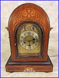Ant Junghans Rosewood Bracket Clock Inlaid Veneer Wood Westminster Chimes Runs