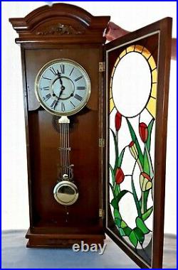 Antique 70's 37 Pendulum Clock Chime Wood Tiffany Style Stained Glass Front Key
