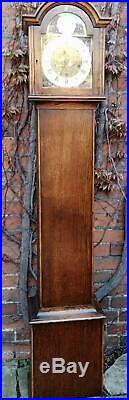 Antique 8 Day Westminster Chime Arched Dial Oak Long Case Grandmother Clock