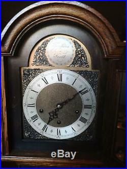Antique 8 Day Westminster Chime Arched Dial Oak Long Case Grandmother Clock