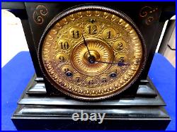 Antique Circa 1880's Gold Face Ansonia Cast Iron Mantle 8 day Clock Works Chime