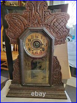 Antique E. Ingraham Wood Mantel Clock shelf with key