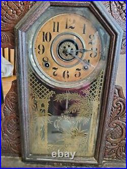 Antique E. Ingraham Wood Mantel Clock shelf with key