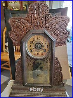 Antique E. Ingraham Wood Mantel Clock shelf with key