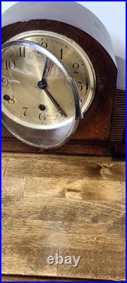 Antique England Mantel Clock Westminster Chime In Walnut Wood. Runs Great