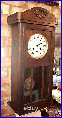 Antique German 8-Day Mahogany Case Wall Clock with Westminster Chimes