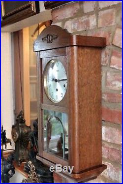 Antique German'Kieninger' 8-Day Oak Case Wall Clock with Westminster Chimes