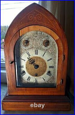 Antique German Kienzle Shelf Clock, Beehive Wood Case Westminster Chimes
