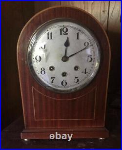 Antique German Westminster Chime Arch 8 Day Wood Case Mantel Clock SEE VIDEO