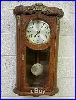 Antique Kienzle Westminster Chime Vienna Regulator Wall Clock Burl Walnut/Brass