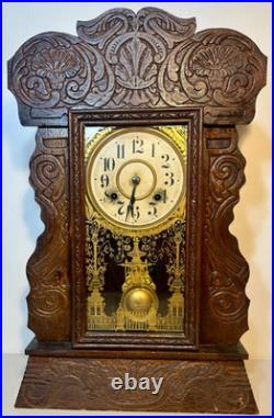 Antique New Haven Gingerbread Mantel Clock Pressed Oak Westminster Chime Key
