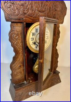 Antique New Haven Gingerbread Mantel Clock Pressed Oak Westminster Chime Key