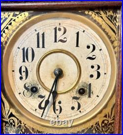 Antique New Haven Gingerbread Mantel Clock Pressed Oak Westminster Chime Key