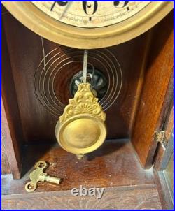 Antique New Haven Gingerbread Mantel Clock Pressed Oak Westminster Chime Key