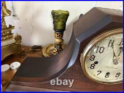 Antique New Haven Tambour Mantle Clock Art Deco Art Neuveau Brass