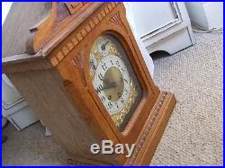 BEAUTIFUL ORNATE BRASS OAK CASED MANTLE CLOCK c1890s WESTMINSTER CHIME STUNNING
