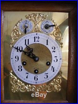 BEAUTIFUL ORNATE BRASS OAK CASED MANTLE CLOCK c1890s WESTMINSTER CHIME STUNNING