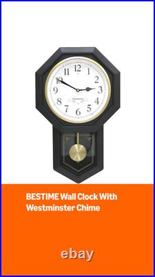 BESTIME Plastic Pendulum Wall Clock, Westminster Chime, Black Frame