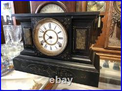 Beautiful Antique Ansonia Black-gold Metal Chime Mantle Statue Clock A+movement