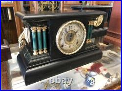 Beautiful Antique Ingraham Black & Green Column Chime Mantle Clock A+ Movement