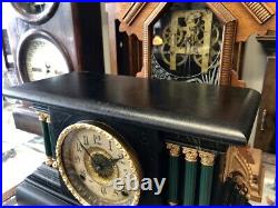 Beautiful Antique Ingraham Black & Green Column Chime Mantle Clock A+ Movement