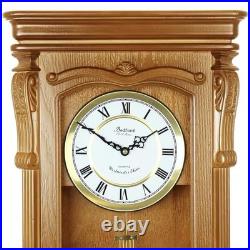 Bedford 26 Golden Oak Wood Finish Wall Clock w Swinging Pendulum & 4 Chimes