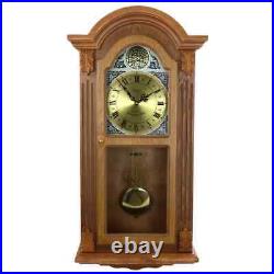 Bedford 29 Honey Oak Wood Wall Clock w Chimes Swinging Pendulum & Gold Accents