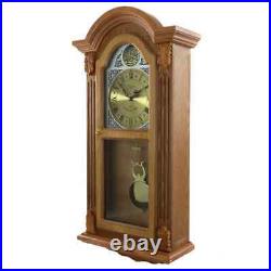 Bedford 29 Honey Oak Wood Wall Clock w Chimes Swinging Pendulum & Gold Accents