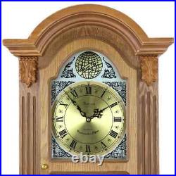 Bedford 29 Honey Oak Wood Wall Clock w Chimes Swinging Pendulum & Gold Accents