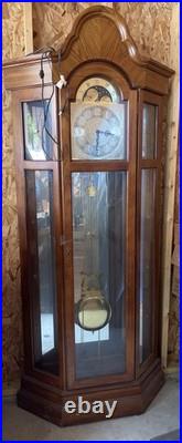 Brown Wood/Glass Grandfather Longcase Clock, Chain-Driven Westminster Chime