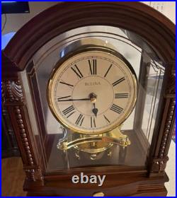 Bulova B1845 Walnut Mantel Clock Westminster Chimes Wood Glass Roman Numerals