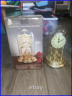 Elgin Westminster Chime Mantel Anniversary Clock Glass Dome Pendulum 12in W Box