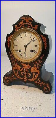 French Chiming Marquetry and Ebony Mantle Clock Duval A Paris