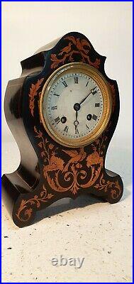 French Chiming Marquetry and Ebony Mantle Clock Duval A Paris