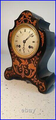 French Chiming Marquetry and Ebony Mantle Clock Duval A Paris