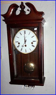 GOOD SIZE WESTMINSTER CHIMING WALL CLOCK, SOLID MAHOGANY CASE, COMITTI of LONDON