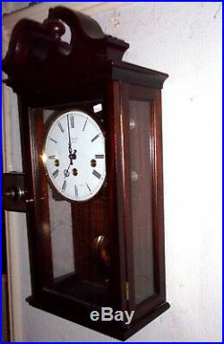 GOOD SIZE WESTMINSTER CHIMING WALL CLOCK, SOLID MAHOGANY CASE, COMITTI of LONDON