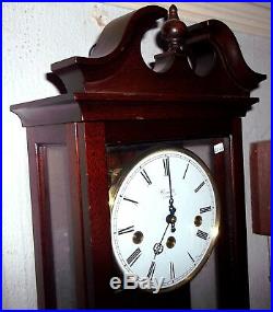 GOOD SIZE WESTMINSTER CHIMING WALL CLOCK, SOLID MAHOGANY CASE, COMITTI of LONDON