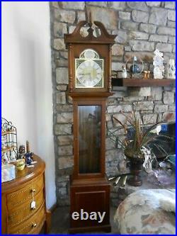 Grandfather Clock by Tempus Fugit in dark cherry cabinet. Solid Brass weights