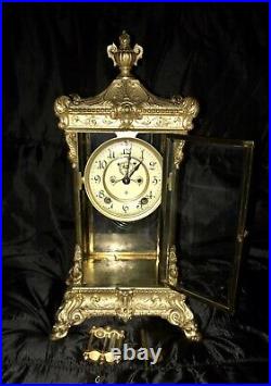 Large Antique Ansonia Clock Crystal Regulator Gilt Brass Zenith Clock, Ship Free