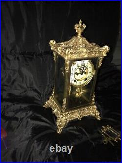 Large Antique Ansonia Clock Crystal Regulator Gilt Brass Zenith Clock, Ship Free