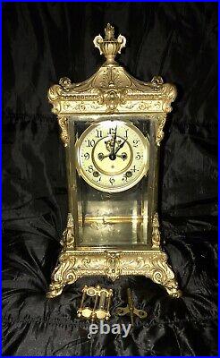 Large Antique Ansonia Clock Crystal Regulator Gilt Brass Zenith Clock, Ship Free