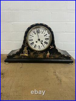 Large Antique Chinoiserie Black Laquered Mantel Westminster Chime Clock