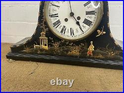 Large Antique Chinoiserie Black Laquered Mantel Westminster Chime Clock