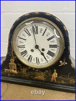 Large Antique Chinoiserie Black Laquered Mantel Westminster Chime Clock