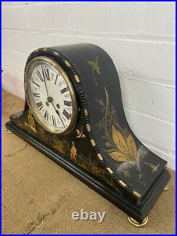 Large Antique Chinoiserie Black Laquered Mantel Westminster Chime Clock