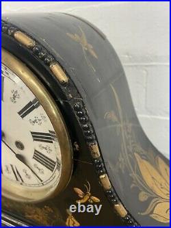 Large Antique Chinoiserie Black Laquered Mantel Westminster Chime Clock